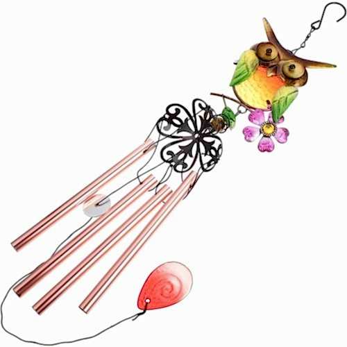 Baykuş Tasarımlı Cam Füzyon Rüzgar Çanı – Dekoratif Metal Cam Bahçe ve Balkon Süsü 74 cm