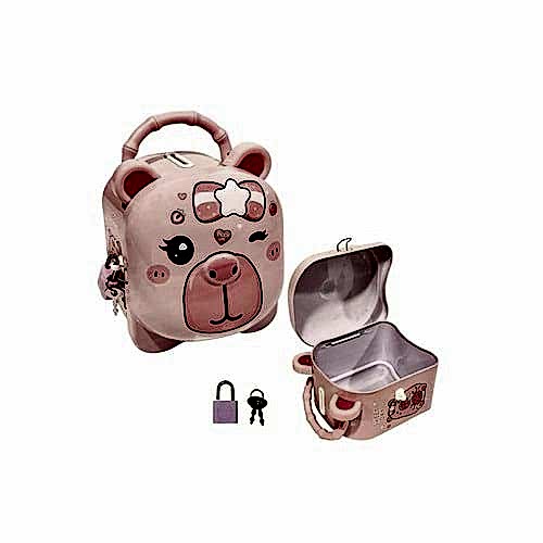 Sevimli Capybara Tasarımlı Kilitli Metal Kumbara – 10.5x13x9.5 cm,Renkli