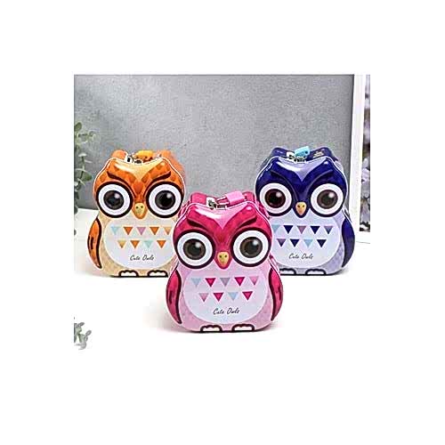Sevimli Baykuş Tasarımlı Kilitli Metal Kumbara – 15x13x7 cm, Renkli